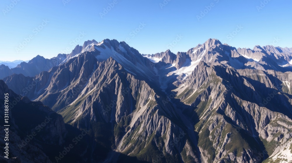 Majestic Peaks of a Mountain Range Bathed in Sunlight under blue sky Majestic Peaks of a Mountain Range Bathed in Sunlight under blue sky