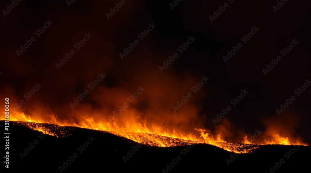 Nighttime wildfire ablaze illuminating a dark horizon with fiery inferno glow Nighttime wildfire ablaze illuminating a dark horizon with fiery inferno glow