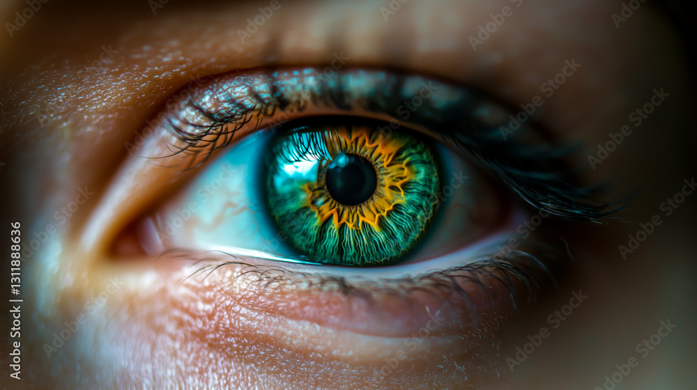 Fototapeta premium Intense macro shot of a human eye with striking green and gold iris, capturing the beauty and detail of the human anatomy. 