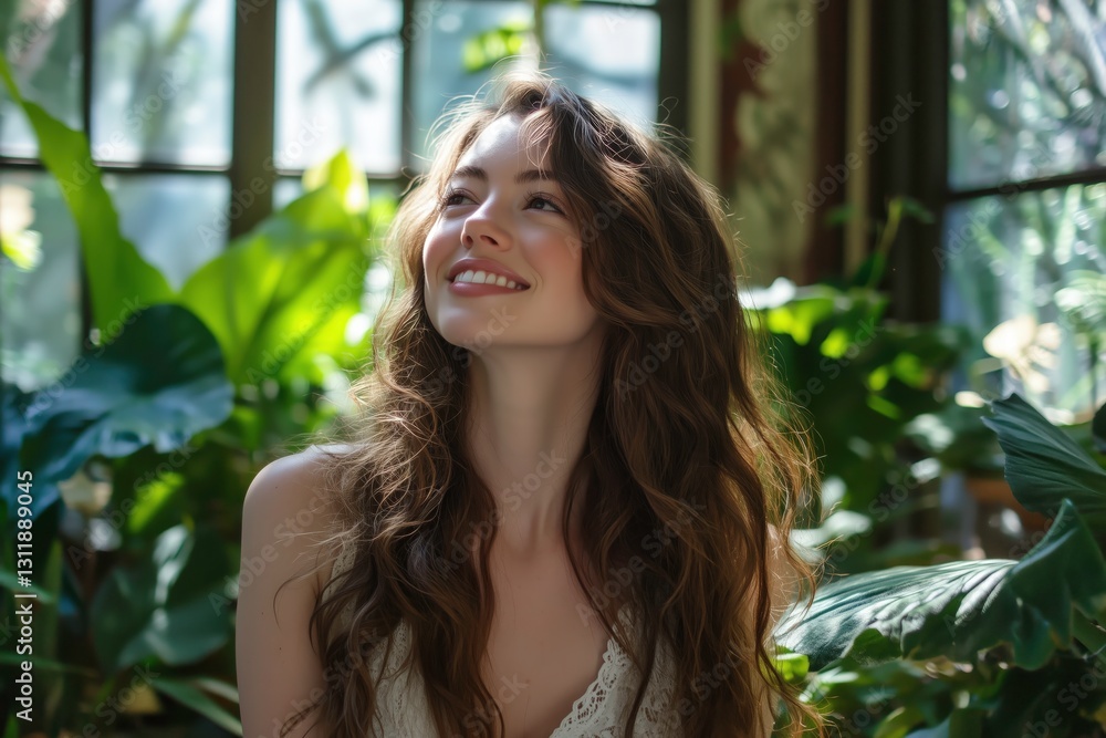Serene Woman in Lush Greenhouse: A portrait of a radiant young woman surrounded by vibrant green foliage, her gaze lifted towards the light, suggesting peace, contemplation. Serene Woman in Lush Greenhouse: A portrait of a radiant young woman surrounded by vibrant green foliage, her gaze lifted towards the light, suggesting peace, contemplation.
