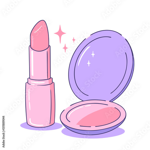Vector illustration of a pastel pink lipstick and compact powder with sparkles. Cute and aesthetic design for beauty, cosmetics, and feminine themes.