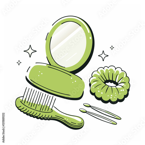 A stylish set of beauty and hair accessories, including a mirror, comb, scrunchie, and cotton swabs, perfect for personal care and grooming themes.