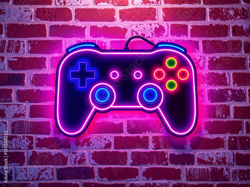 Neon game controller sign on brick wall, perfect for gaming, entertainment, and retro designs. Generative AI
