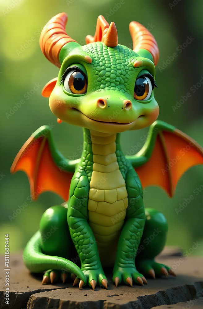 A drawn cute smiling green dragon with wings sits and looks into the camera, place for the text, a congratulatory card. A drawn cute smiling green dragon with wings sits and looks into the camera, place for the text, a congratulatory card.