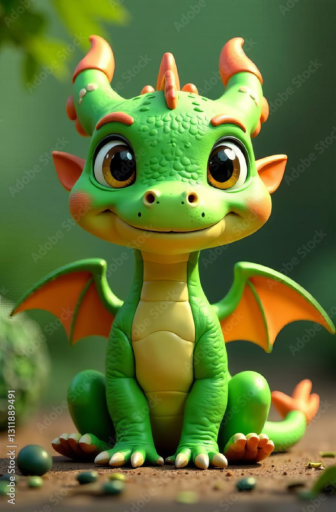 Fototapeta premium A drawn cute smiling green dragon with wings sits and looks into the camera, place for the text, a congratulatory card.