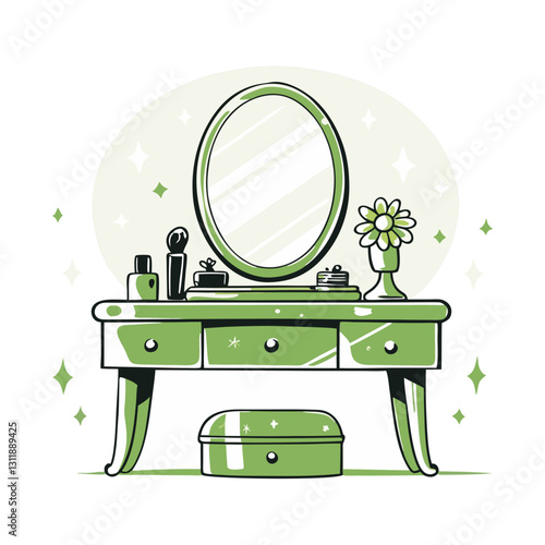 Elegant vintage vanity table with an oval mirror, beauty products, and a decorative flower, creating a stylish and classic bedroom or dressing room aesthetic.
