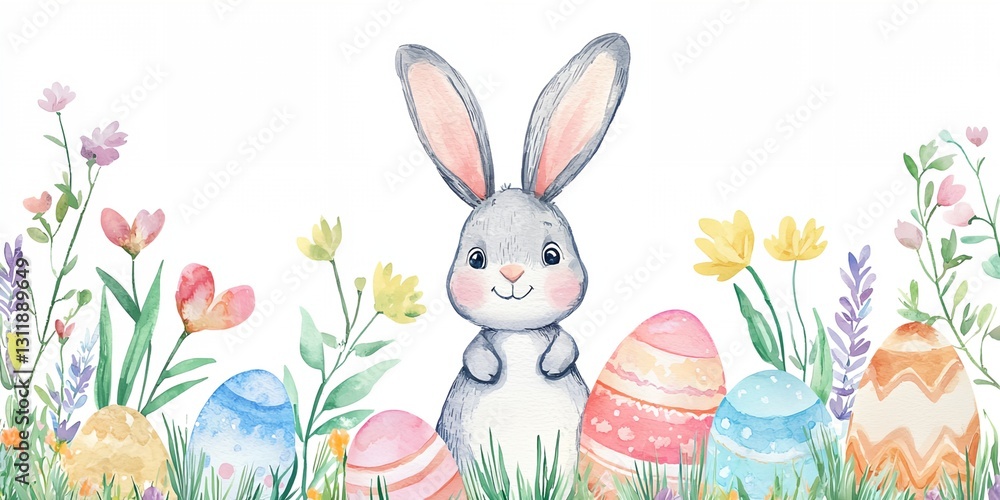 Rabbit is standing in a field of flowers and eggs. Rabbit is standing in a field of flowers and eggs.