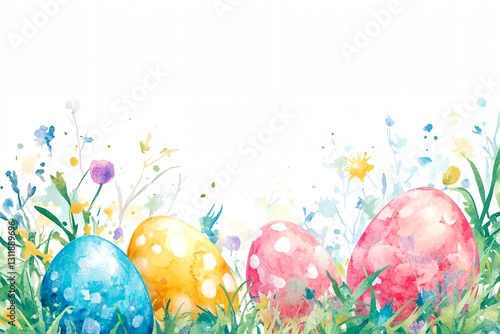 Colorful field of flowers with a few eggs scattered throughout.