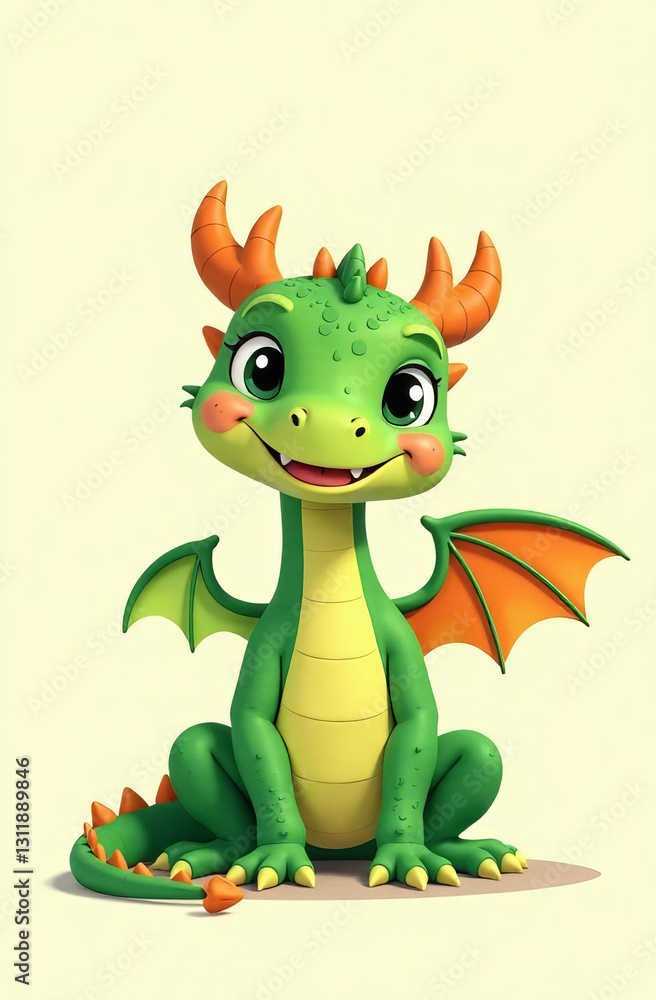 A drawn cute smiling green dragon with wings sits and looks into the camera, place for the text, a congratulatory card. A drawn cute smiling green dragon with wings sits and looks into the camera, place for the text, a congratulatory card.
