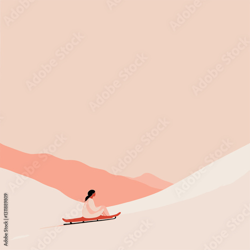 A minimalistic vector illustration of a woman riding a sledge in the distance going downhill,