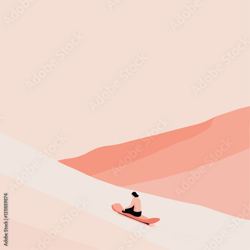 A minimalistic vector illustration of a woman riding a sledge in the distance going downhill,