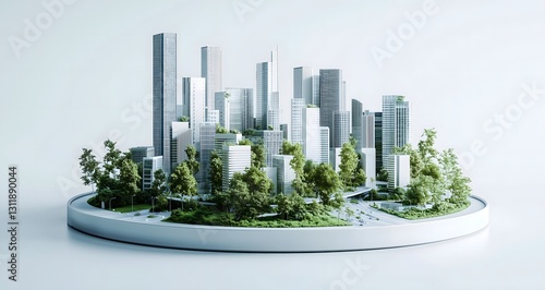 Miniature green city with skyscrapers and trees