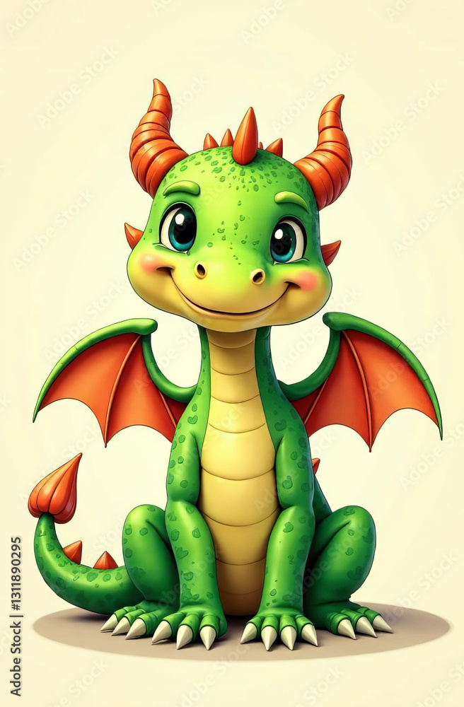 A drawn cute smiling green dragon with wings sits and looks into the camera, place for the text, a congratulatory card. A drawn cute smiling green dragon with wings sits and looks into the camera, place for the text, a congratulatory card.