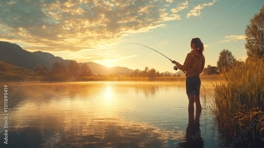 Tranquil waters at dawn: A solitary angler casts her line as the sun rises Tranquil waters at dawn: A solitary angler casts her line as the sun rises