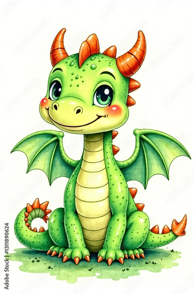 Fototapeta premium A drawn cute smiling green dragon with wings sits and looks into the camera, place for the text, a congratulatory card.