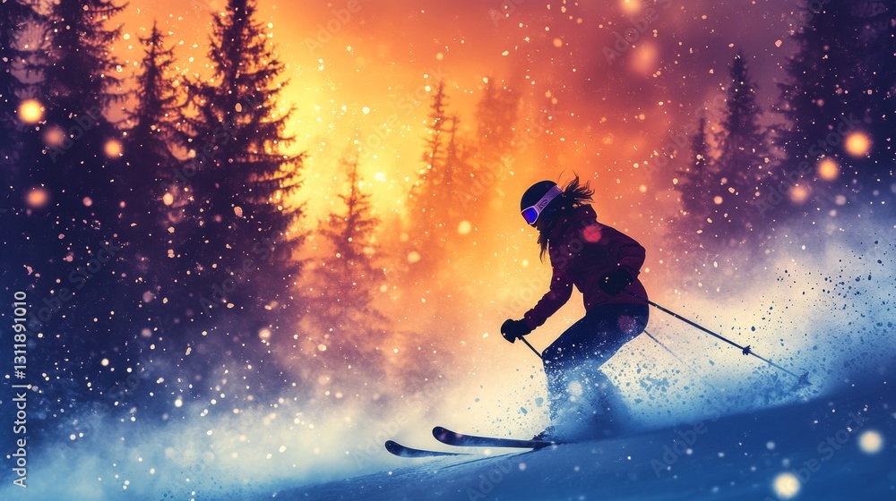 Fototapeta premium Winter's Embrace: A Skier's Descent Through a Snowy Forest Landscape