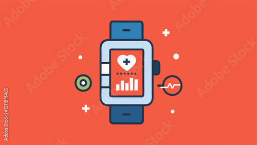 Wearable Device An illustration of a smarch displaying realtime health statistics like heartbeat glucose levels and reminders for medication or pressure checks.