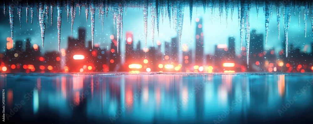 Obraz premium Iceberg melting concept. A vibrant city skyline reflected in a serene water body at night with colorful lights.