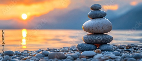Tranquil sunset rock balancing on beach