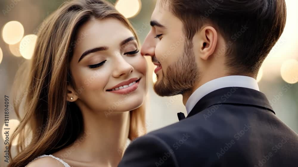 romantic love couple lean to kissing, Caucasian woman and man in formal attire kissing with sunlight backlight romantic love couple lean to kissing, Caucasian woman and man in formal attire kissing with sunlight backlight