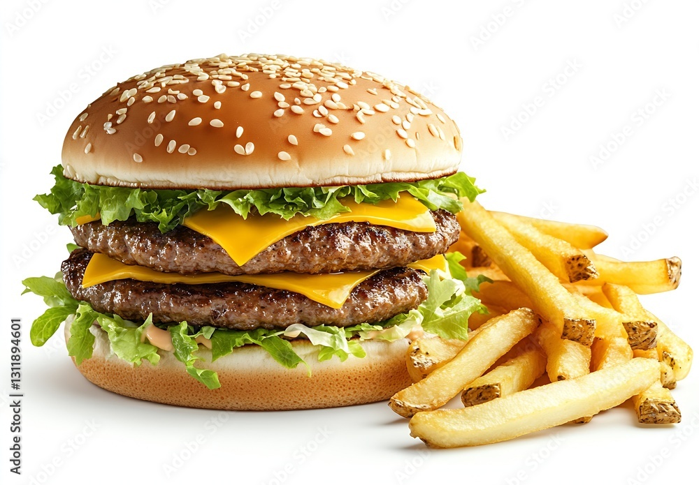 Mouthwatering double cheeseburger with lettuce tomato and crispy fries on a pristine white background : Generative AI Mouthwatering double cheeseburger with lettuce tomato and crispy fries on a pristine white background : Generative AI