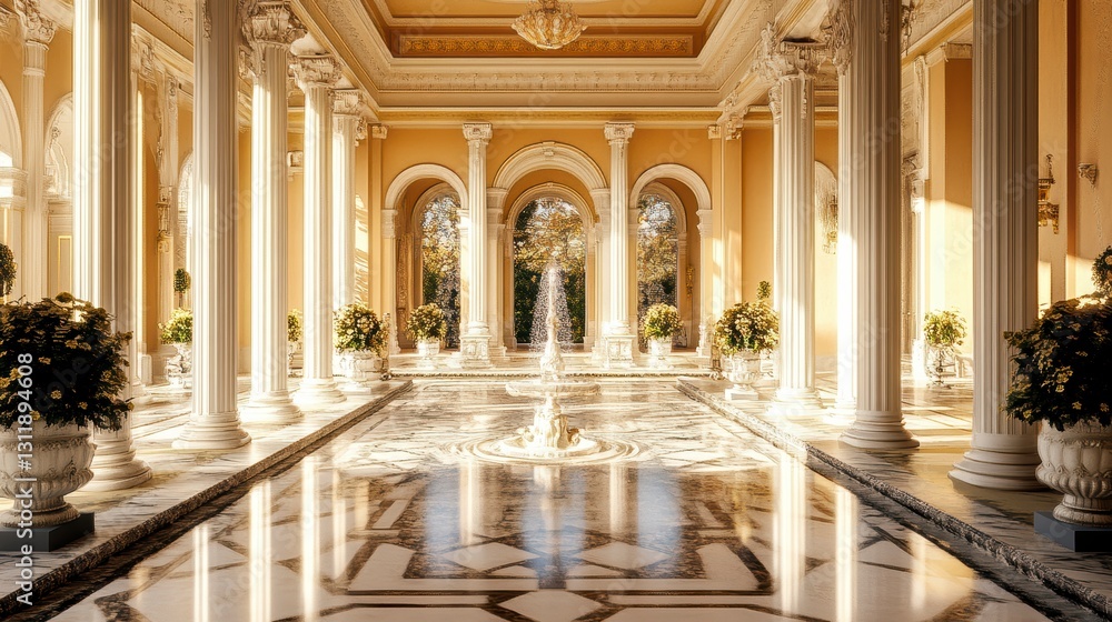 Fototapeta premium Sunlit Classical Interior with Marble Floors and White Columns