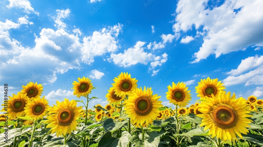 Obraz premium Sunlit Field of Yellow Sunflowers Under a Blue Sky