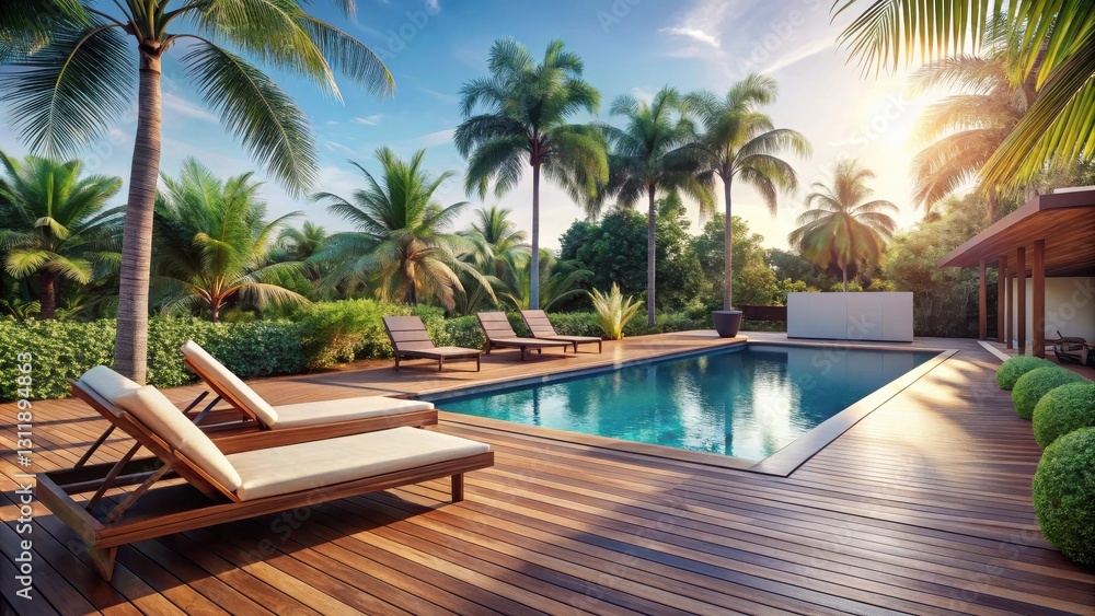 Obraz premium Tranquil Poolside Oasis Luxurious Lounge Chairs on a Sun-Drenched Deck Surrounded by Lush Tropical Greenery and a Sparkling Swimming Pool