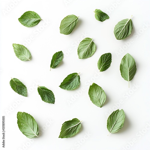 Assorted Fresh Green Mint Leaves Arranged Artistically on White Background : Generative AI
