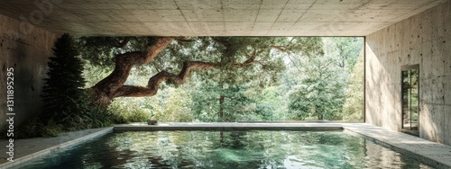 Minimal concrete architecture of an empty abstract building featuring a spacious floor courtyard with white podium, curved walls, and a museum plaza serving as a wide display showroom mockup