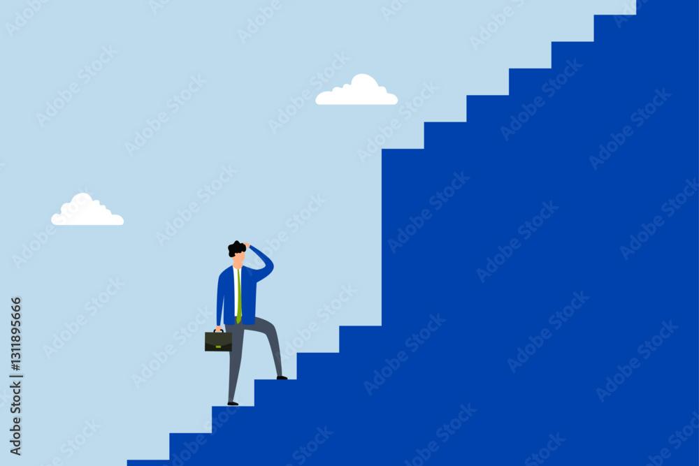 Challenge to overcome difficulty, businessman walk up stair to find huge difficult step. Challenge to overcome difficulty, businessman walk up stair to find huge difficult step.