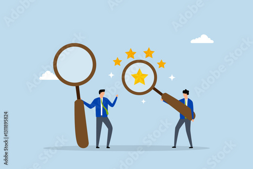 Appraisal, entrepreneur with magnifying glass assessing quality score of stars. 
