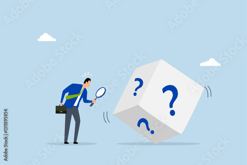 chance to win, entrepreneur using magnifying glass examines dice featuring question mark. 