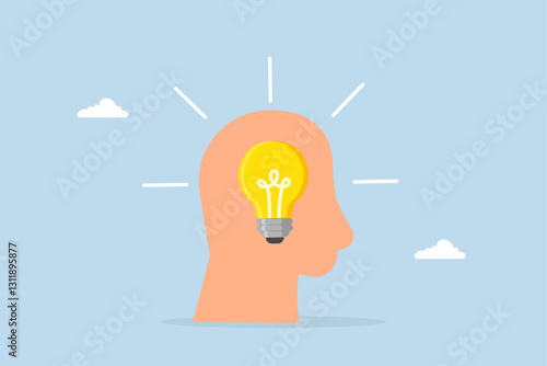 Wisdom, human head featuring glowing lightbulb symbolizing knowledge and learning. 