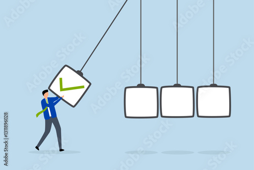 Checklist, businessman holding completed checkbox to impact pendulum.