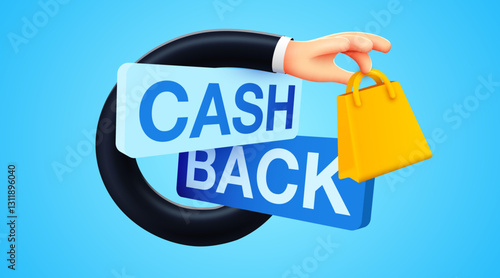 Cashback icon with hand holding shopping bag. Cashback or money back label.