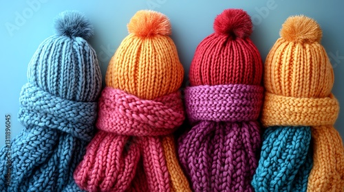 A beautifully arranged display of knitted winter hats scarves and gloves on a pastel backdrop