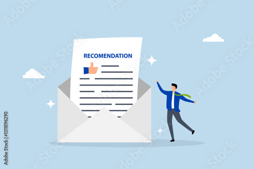 Recommendation letter, joyful entrepreneur holding letter of recommendation in email envelope. 