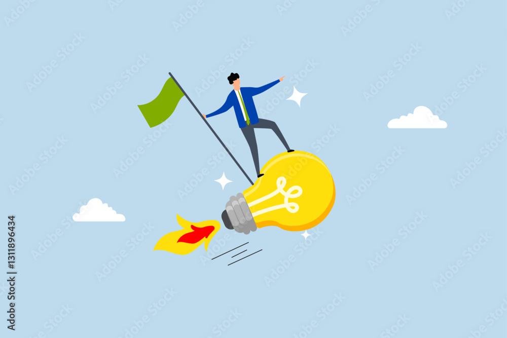 Success business idea, entrepreneur grasping victory flag atop soaring lightbulb concept. Success business idea, entrepreneur grasping victory flag atop soaring lightbulb concept.