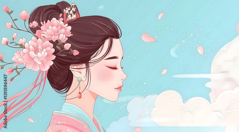 Elegant woman with flowers in hair, serene illustration Elegant woman with flowers in hair, serene illustration