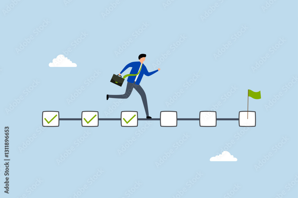 Project management, entrepreneur project leader progressing through finished checklist to achieve objective. Project management, entrepreneur project leader progressing through finished checklist to achieve objective.