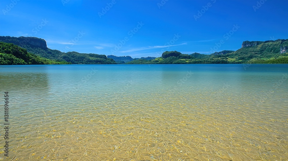 Serene lake reflecting mountains, clear water, tropical landscape