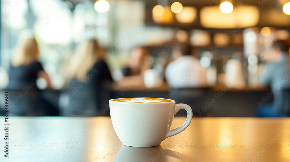 Coffee break at the cafe: A latte with latte art sits on a table, people in the background enjoy conversations. Coffee break at the cafe: A latte with latte art sits on a table, people in the background enjoy conversations.