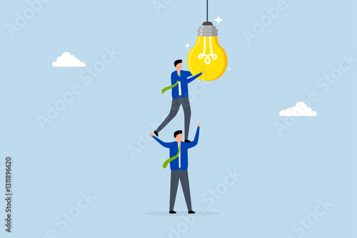 Partnership to success together, Entrepreneur assists colleague in activating lightbulb. 