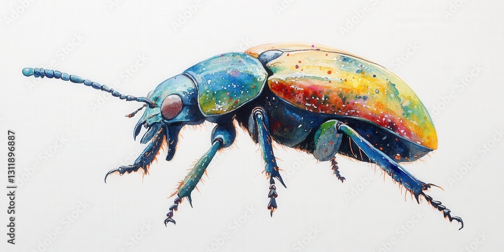 Fototapeta premium A vivid watercolor beetle radiates vibrancy with hues of blue, green, yellow, orange, and red. Its intricate wings blend in shades of blue against the pristine white backdrop