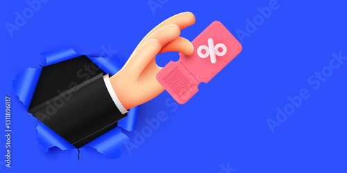 3d hand holds a coupon with percentage coupon through torn paper.