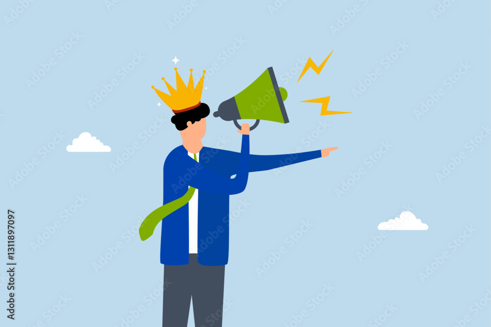 Big boss, angry business leader yelling into megaphone while gesturing direction. Big boss, angry business leader yelling into megaphone while gesturing direction.