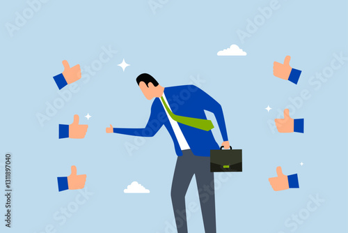 Appreciate, entrepreneur admired by peers giving thumbs up for his assistance and achievements. 