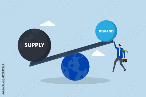 Demand vs supply balance, Entrepreneur grasping a seesaw representing the equilibrium of demand and supply on Earth. 