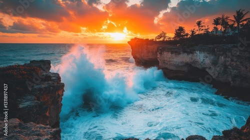 Dramatic sunset over crashing waves at a rocky coastline